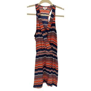 Parker Silk Dress Knee Length Sleeveless Blue Orange Geometric Print Size S